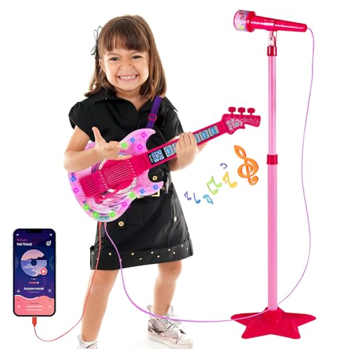 Guitar and Microphone Play Set for Girls,Karaoke Machine with Music&Light,Microphone Toys with Stand,Adjustable Height Guitar Toys for Kids,Toddlers,Child(Red)