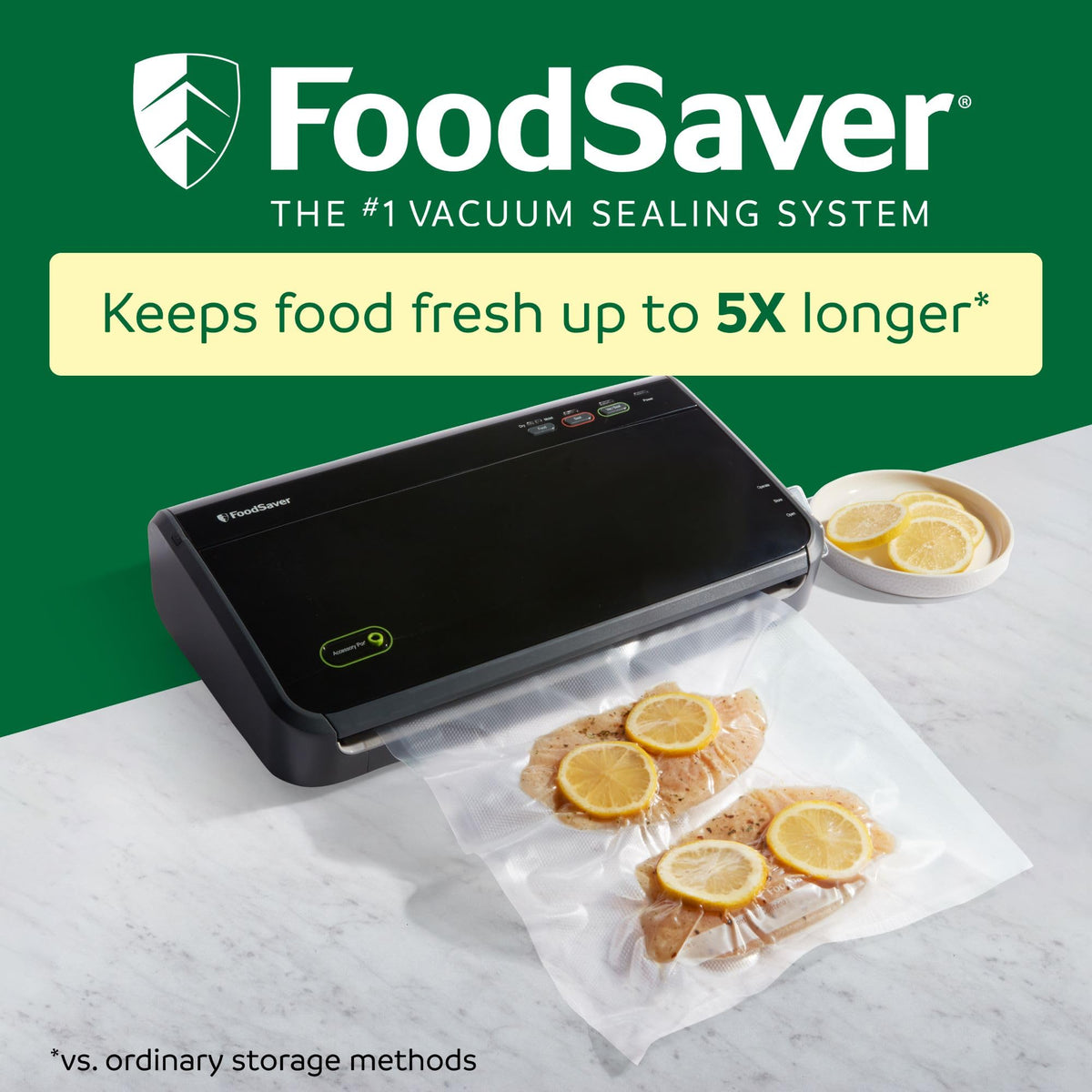 FoodSaver FM2100 Vacuum Sealer Machine, One-Touch Sealing, Roll Storage & Cutter, Dry & Moist Food, For Sous Vide Cooking, Accessory Port & Hose, Starter Bags & Roll Included