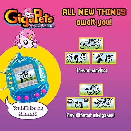 Giga Pets Interactive Digital Pet Toy, Boys & Girls, Unicorn, Ages 6+ | Virtual Pets for Boys and Girls Toy, 600+ Animations, App-Free Activities for Travel and Nostalgic 90s-Inspired Gifting