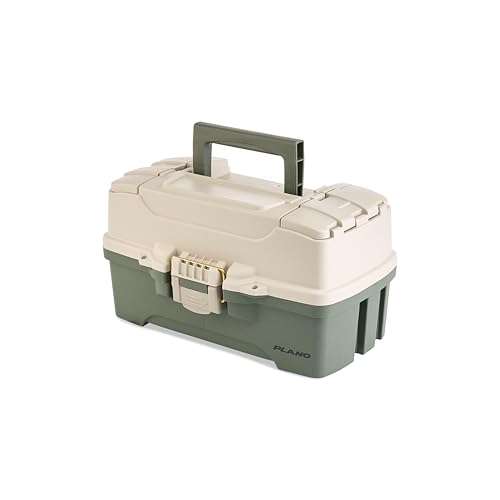 Plano Two-Tray Tackle Box, Green/Tan, Rust-Proof Brass Latch, Top-Access Tray with Deep Storage, Made in the USA, Portable Fishing Gear Storage Organizer