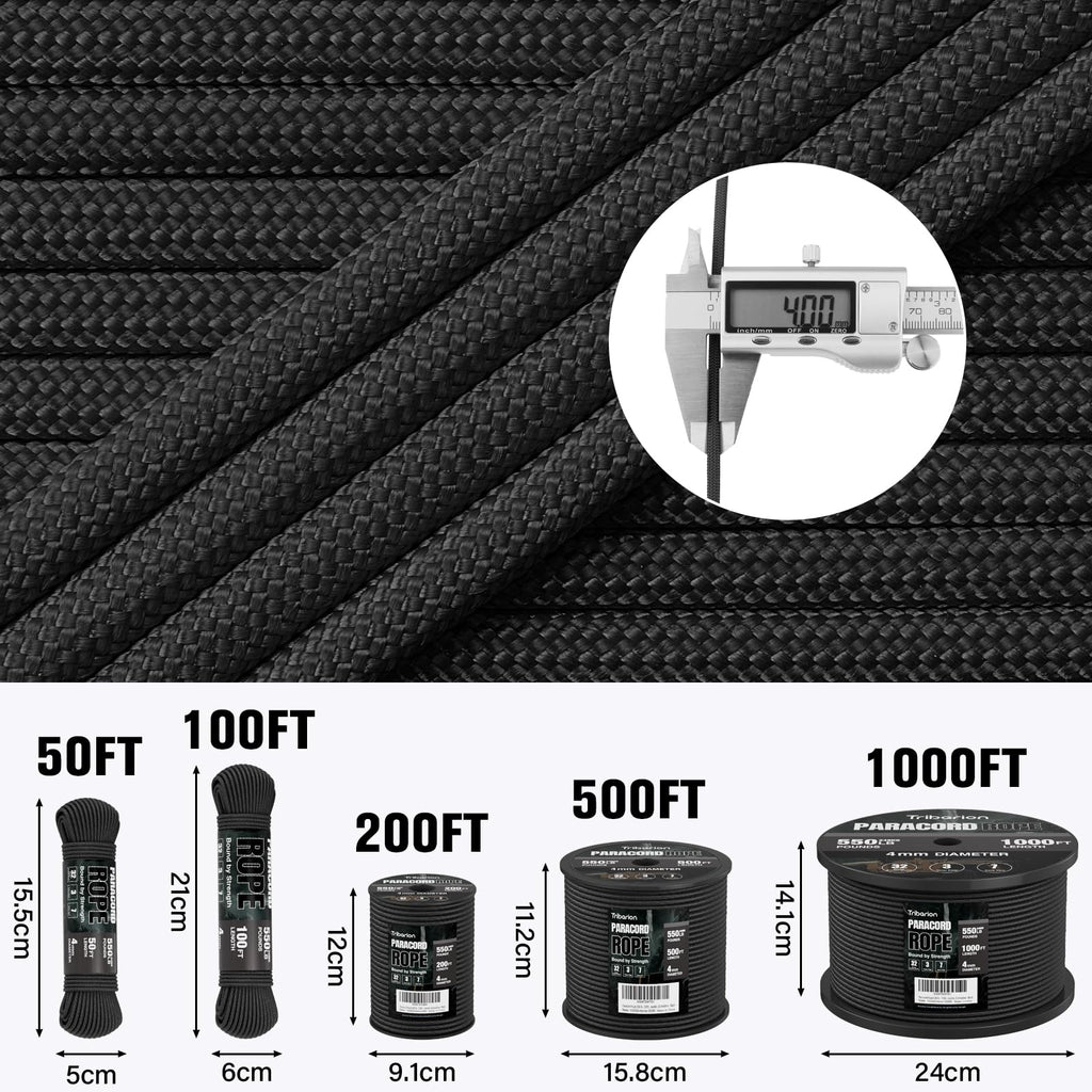 Paracord Rope 550 lb - 100ft 5/32" Parachute Cord 4MM 7-Strand para Cord - Heavy Duty Spool String for Survival,Camping Gear, Survival Bracelet, Clothesline - Black