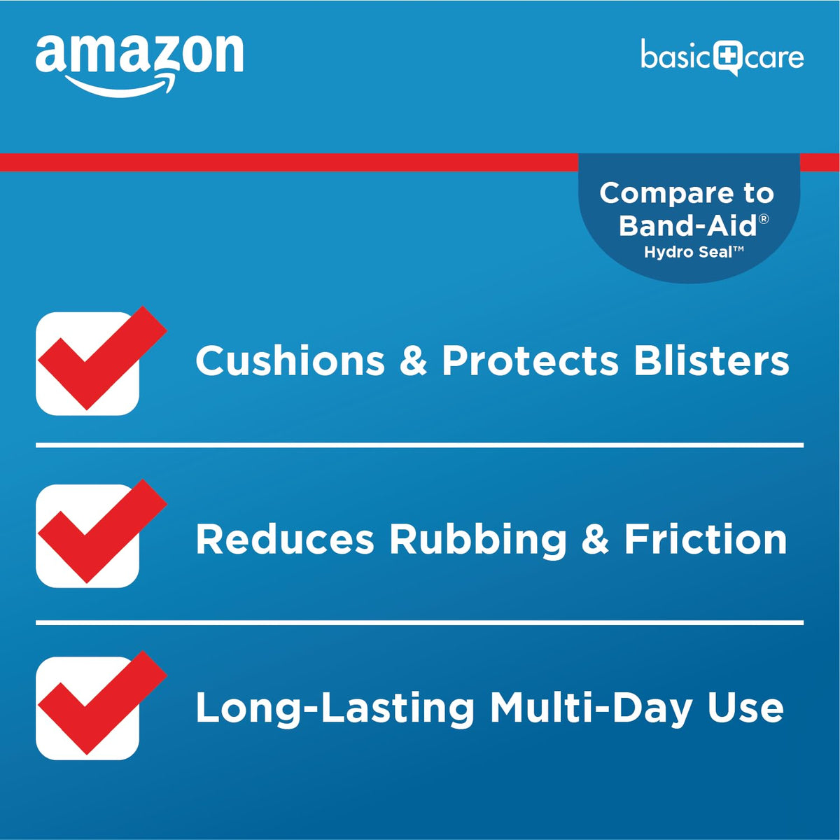 Amazon Basic Care Extreme Hydrocolloid Gel Blister Cushion Bandages, Self-Adhesive, Reduces Rubbing & Friction, Long-Lasting Multi-Day Use, 1.65 in x 2.67 in, 10 ct
