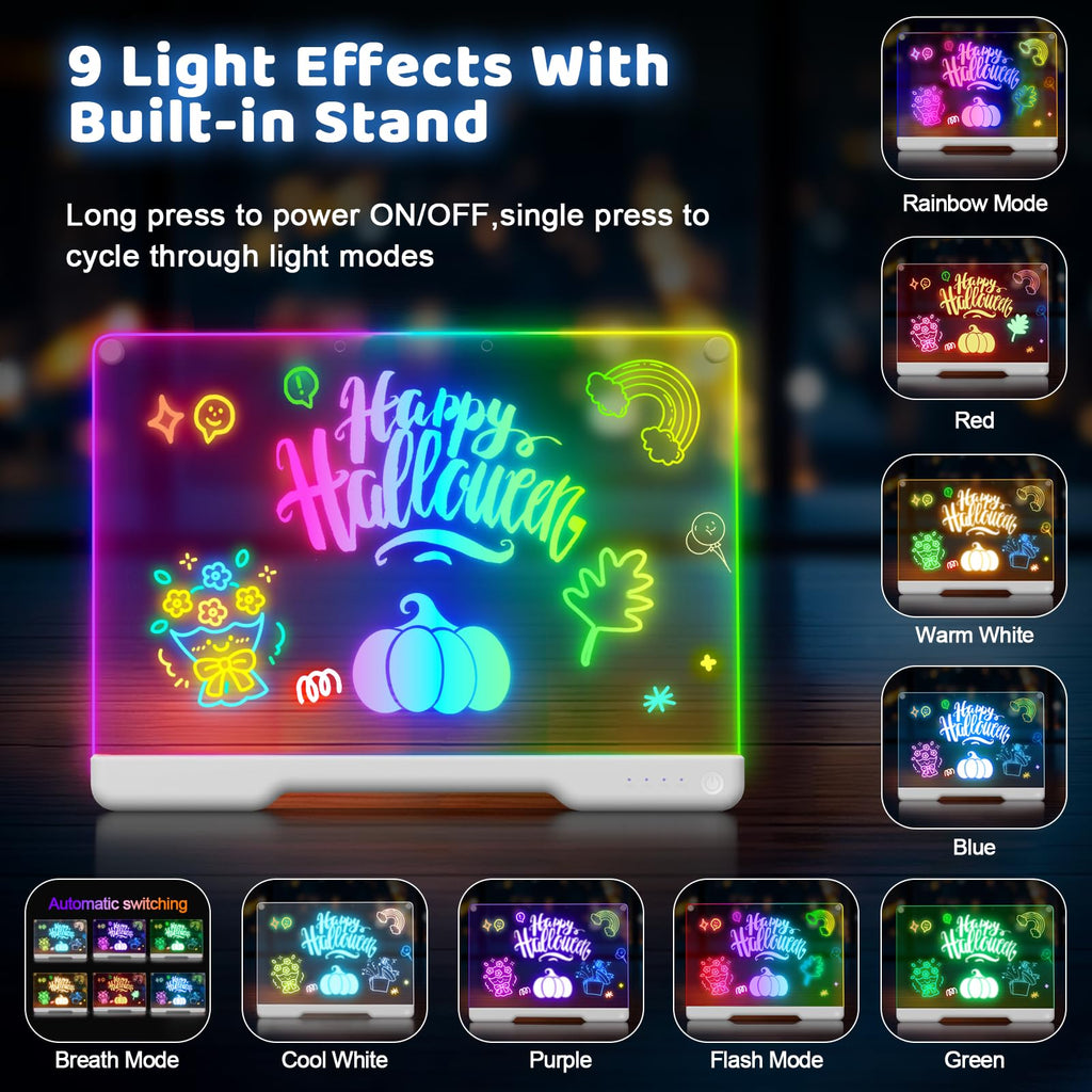 Geokay 16" Rechargeable LED Drawing Board with 9-Color Light Effects | Birthday & Christmas Gift Idea for Girls/Boys/Kids/Teens, Doodle Neon Glow Pad with Built-in Stand Tracing Book & 7 Markers