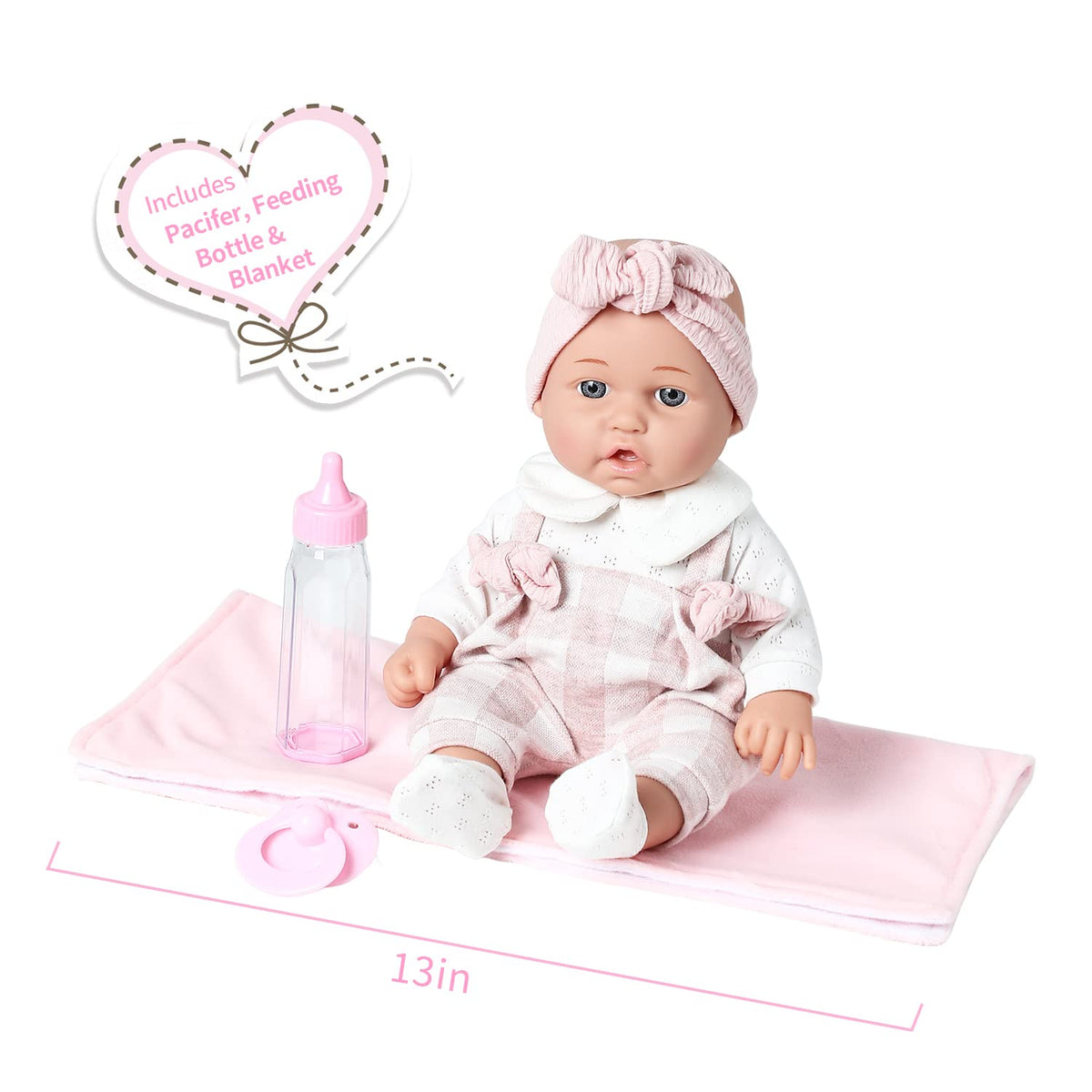 Enjoyin 12'' Baby Doll in Gift Box with Pink Cloths, Pacifier, 13''x13'' Microfabric Blanket, and Feeding Bottle. Gift Idea for Kids