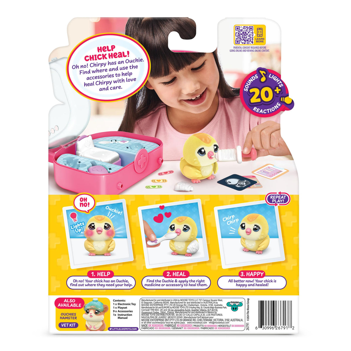 Little Live Pets Ouchies Vet Kit, Chirpy the Chick, Baby Chick Toys | Portable vet case with sticker bandages, glowing cheeks, and 20+ sounds, lights, and reactions, chicken toys