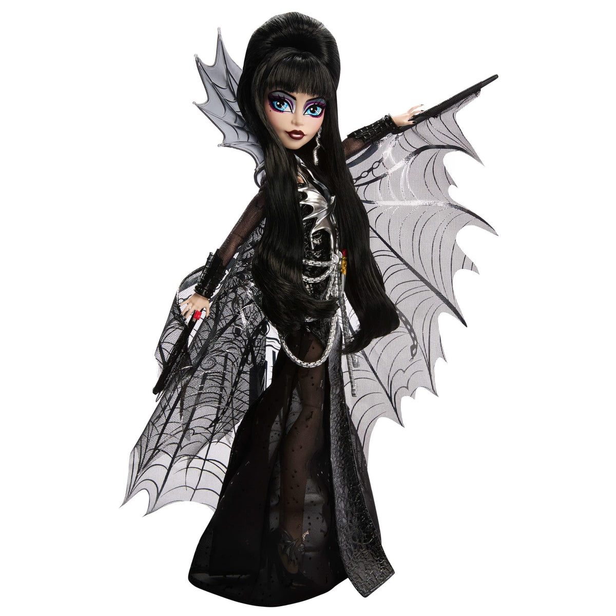 Monster High Skullector Elvira, Mistress of the Dark Doll | Elvira Collectible in Black Faux Leather Dress with Silvery Batwing Cape and Premium Accessories, Doll Stand