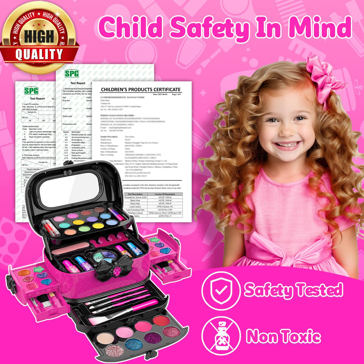 Hollyhi 58 Pcs Kids Makeup Toys Kit for Girls, Real Washable Make Up Set | Safety Material Certificates, Non-Toxic, Storage Case with Mirror, Birthday Gifts for 3 4 5 6 7 8 9 10 11 12 Years Old (Rose)