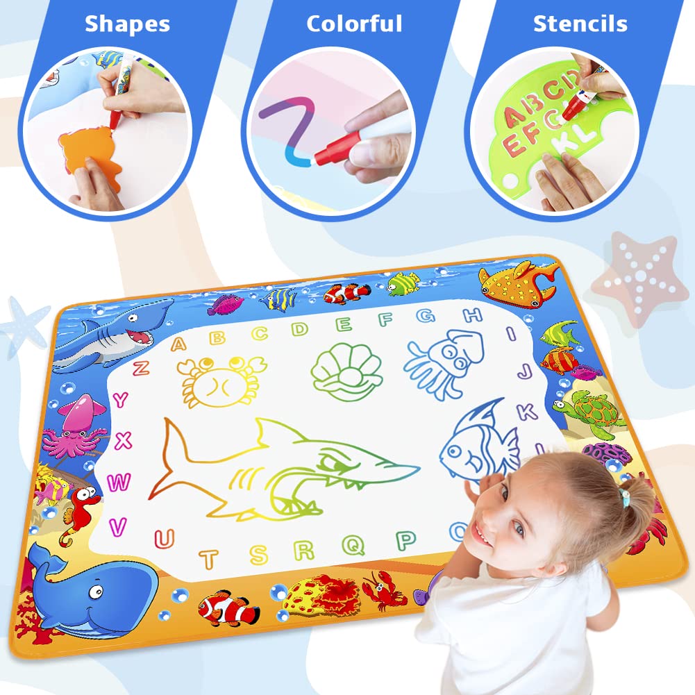Water Doodle Mat - Kids Color Painting Toy, Gift Set for Toddlers 2-7 | Great Educational Water Doodle Mat - Toddler Painting Toy Gift with Fun Stencils, Magic Pens & Drawing Templates for Kids