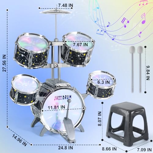 CAPTAIN CHAOWING Kids Drum Set for Toddlers 3-5, Light up Jazz Drum Toy 5-7 | Upgraded Jazz Drum Set for Kids, Musical Instrument Toys & Lights & All Plastic, Beginner Kit for Boys Girls Aged 3-5 4-6 5-7