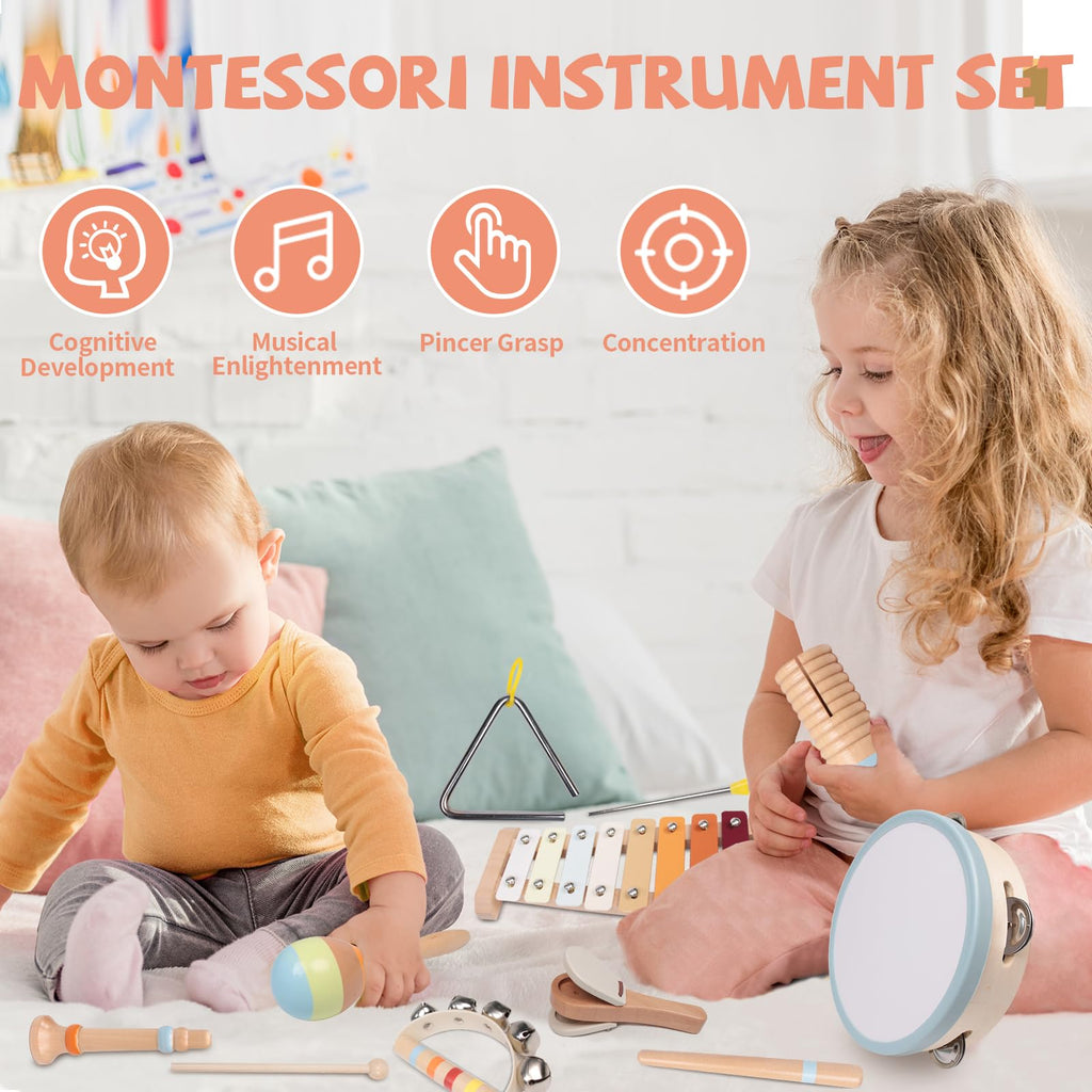 YHHYTOY Montessori Toys Wooden Baby Musical Instruments Set for Toddlers | 18 Month Old Toys Toddler Percussion Instruments, Xylophone Maracas Tambourine Birthday Christmas Gifts for Girls Boys Kids