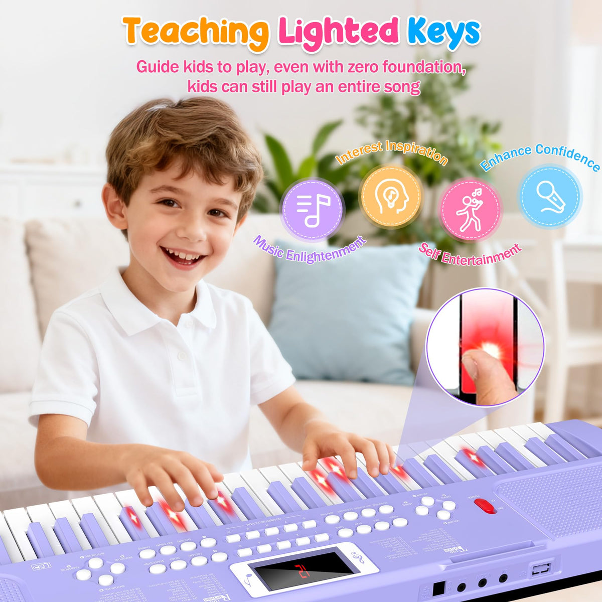 61 Keys Kid Piano Keyboard with Light-up Keys Teaching Mode Dual Speaker