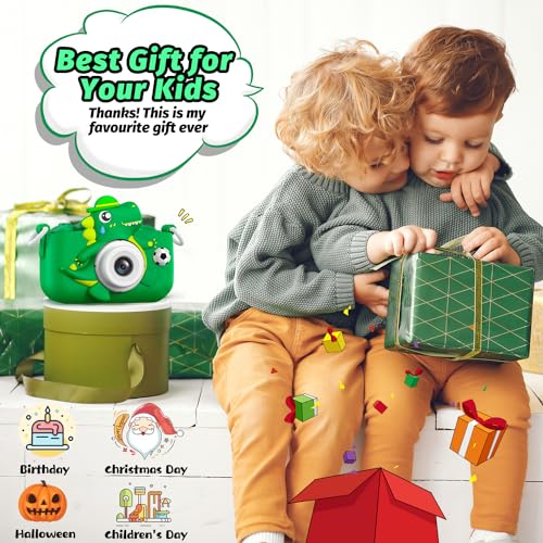 Dinosaur Kids Camera for Boys Girls, Toddler Digital Selfie Camera with Cute Protective Cover and SD Card, Christmas Birthday Gifts Toys for 3 4 5 6 7 8 9 10 11 12 Years Old Little Girls and Boys