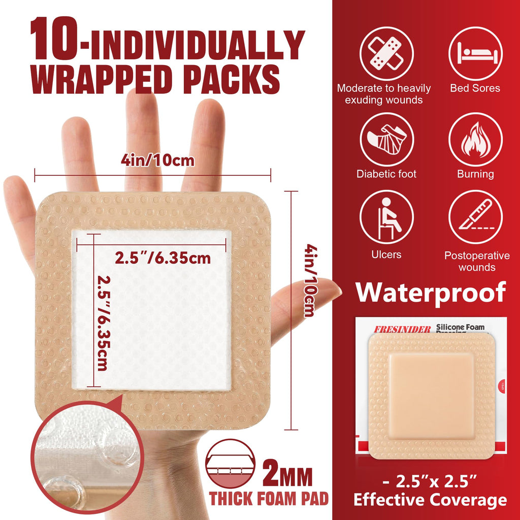 FRESINIDER Silicone Foam Dressing with Adhesive Border – Wound Dressing Bandage – Silicone Foam Pad – Pack of 10 – 4 x 4 Inches Large Waterproof Bandages – Self Adhesive Wound Care and Dressings