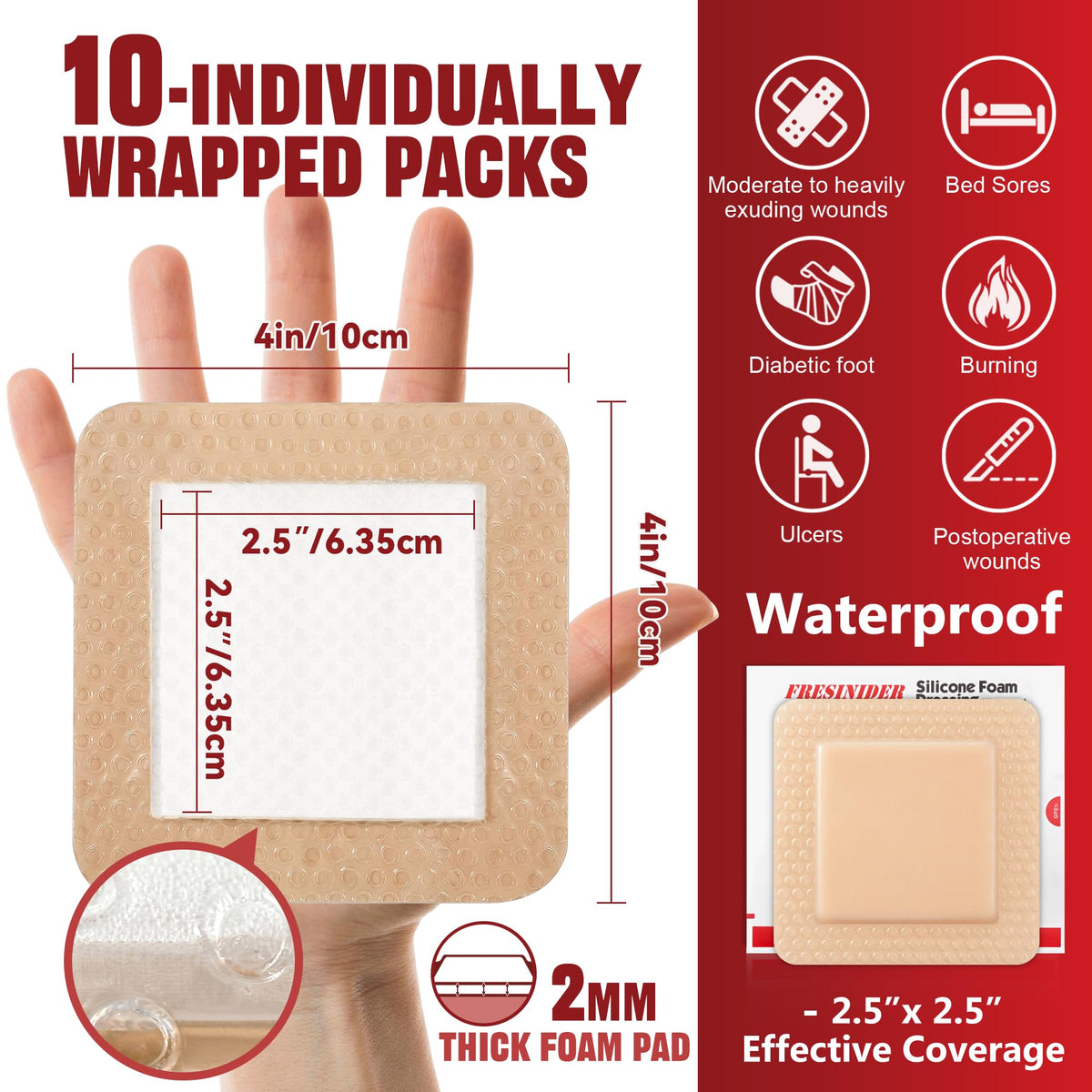 FRESINIDER Silicone Foam Dressing with Adhesive Border – Wound Dressing Bandage – Silicone Foam Pad – Pack of 10 – 4 x 4 Inches Large Waterproof Bandages – Self Adhesive Wound Care and Dressings