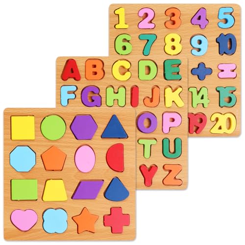 Wooden Puzzles for Kids Ages 3-5, 3 Pack ABC Number and Shape Learning Toys | 3 wooden puzzle board with ABC letters, numbers and colorful shapes for preschool learning, matching and fine motor skills