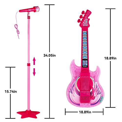 Guitar and Microphone Play Set for Girls,Karaoke Machine with Music&Light,Microphone Toys with Stand,Adjustable Height Guitar Toys for Kids,Toddlers,Child(Red)