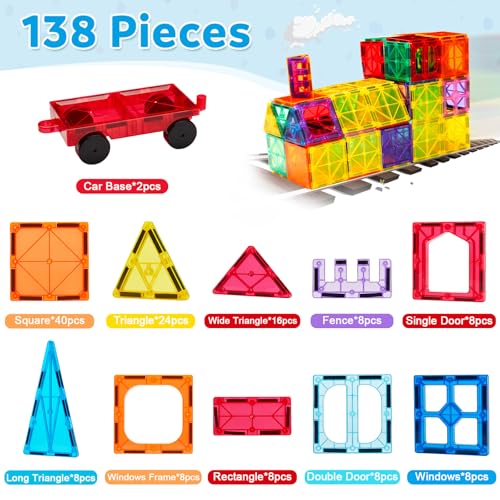 Ryoichi 138PCS Magnetic Tiles Set with 2 Cars for Kids Ages 3-9+ Years | STEM Educational Construction Building Blocks & Montessori Learning Toys