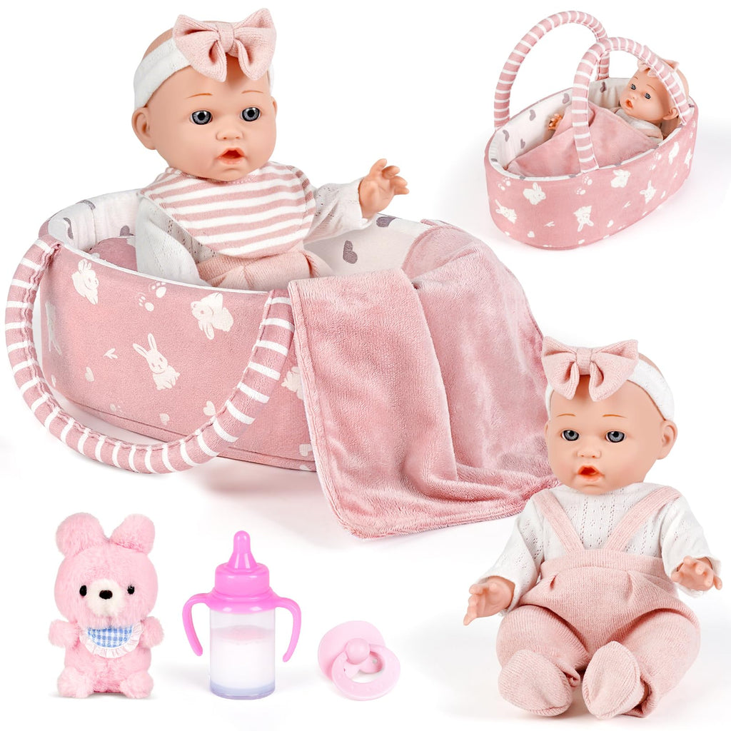 Dreamon Baby Doll Set 12" Baby Doll with Feeding & Caring Accessories, Pink | 11Pcs Doll Playsets with Carrier Bassinet Bed, Bedtime Pretend Play First Baby Doll Toy for 3 4 5 Year Old Girl Birthday Gift
