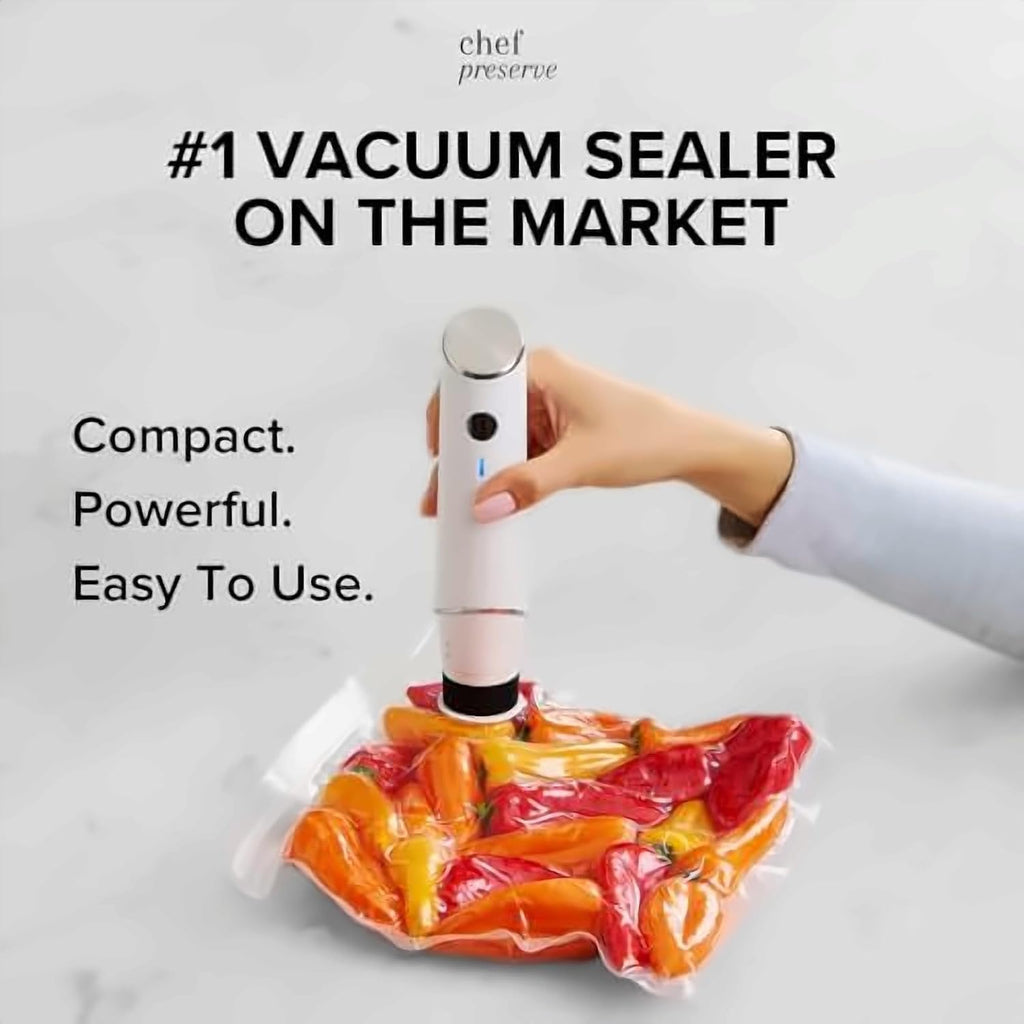 Chef Preserve Compact Vacuum Sealer for Food (Vacuum Sealer Machine + 30 Reusable Vacuum Bags) Powerful Handheld Vacuum Sealer Machine, Seal Meal Saver, Portable Food Sealer