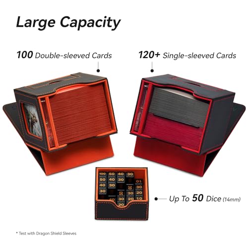 Mage Tech Card Deck Box for MTG Commander - Patented Design, Commander Display, Fits 100 Double-Sleeved Cards, 35pt Card Brick & Dice Tray - Black/Red
