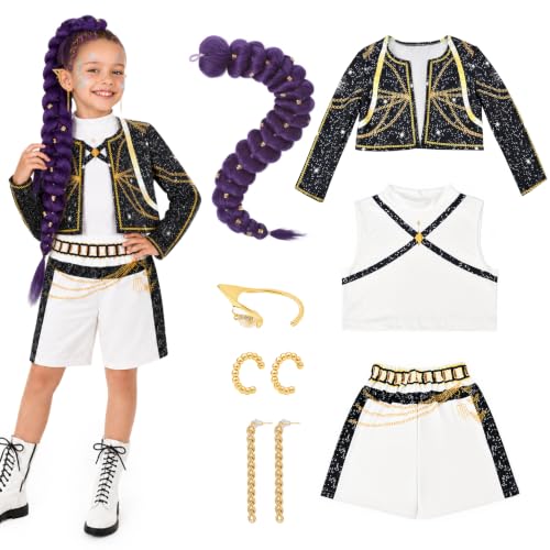 Behufun Girls Halloween Costume, Pop Singer Costume, Top Pants with Purple Braid for Cosplay Birthday Party, 4-12 Years