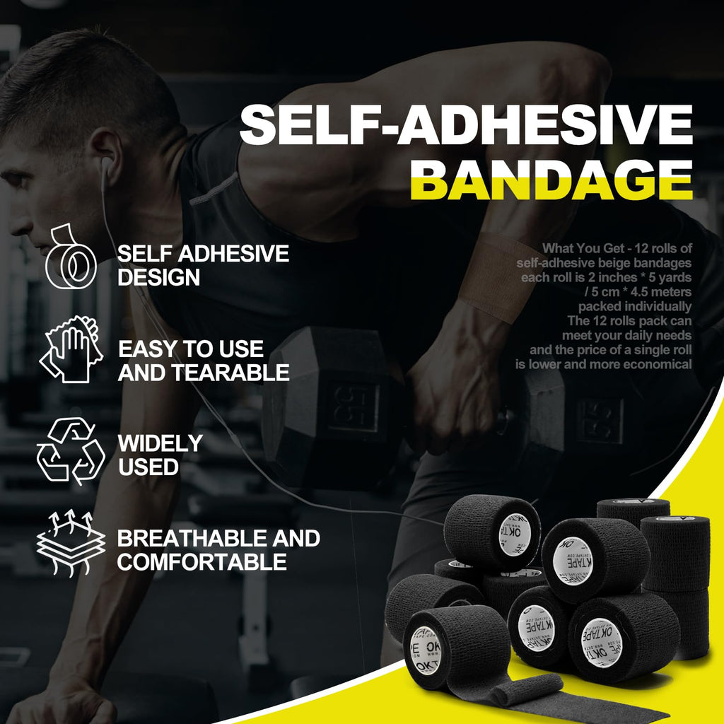 OK TAPE 12 Rolls Self Adhesive Bandage Wrap, Cohesive Elastic Athletic Tape