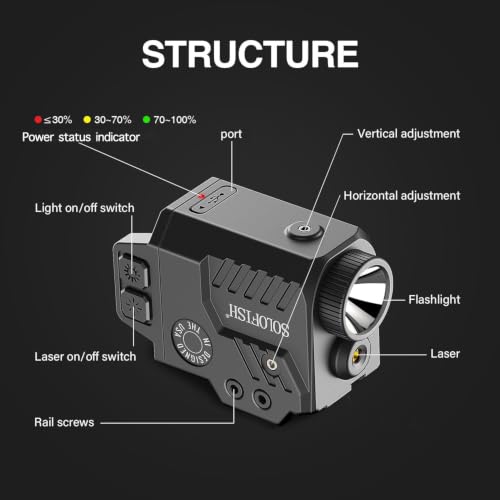 Solofish 800 Lumens Pistol Light Laser Combo | Strobe Function for Green Laser and Tactical Light with Adjustable Rail Fits Guns w/ Rail