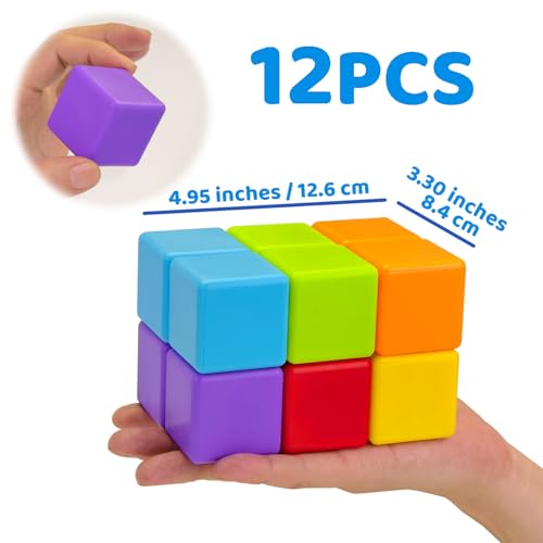 Magnetic Building Blocks Large, 1.65 inch Stacking Cubes for Toddlers | Sensory & Montessori Toys for Boys & Girls 1 2 3 Years Old, Toddler Travel Toys, Magnet Toys for Kids Birthday Gifts (12 PCS)