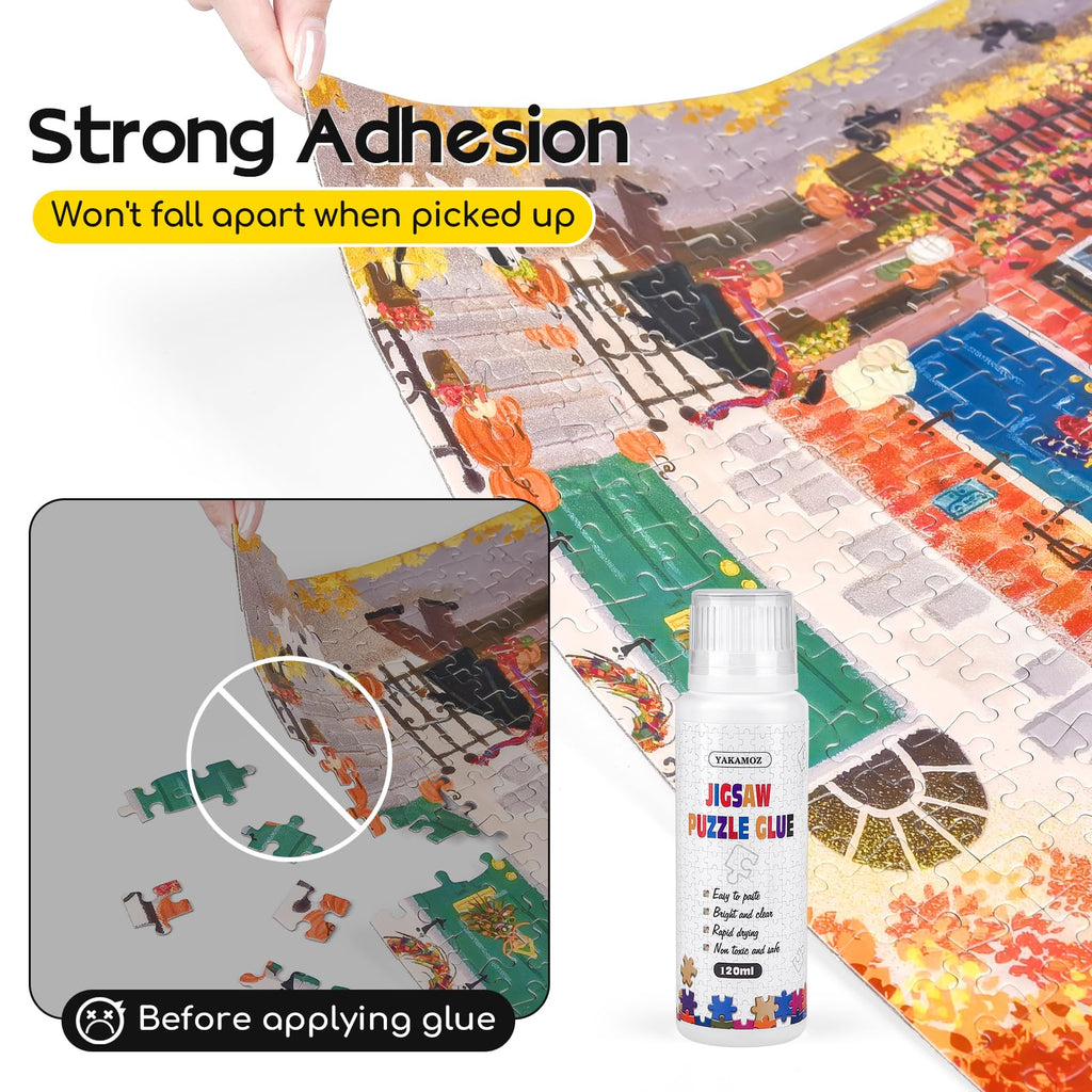 YAKAMOZ Jigsaw Puzzle Glue Clear with Silicone Brush, Sponge Head, 120mL | Clear Drying Formula | Protect Finished Puzzle Artwork | Easy Sponge Head Application