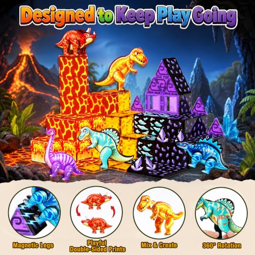 Dinosaur Toys Magnetic Tiles, 5 Movable Lava Dinosaur Toys for Kids 3-5 5-7 | 3 4 5 Year Old Boy Birthday Gift for Dinosaurs Lovers, STEM Educational Magnetic Blocks for Girls Boys Toy Age 4-6 6-8