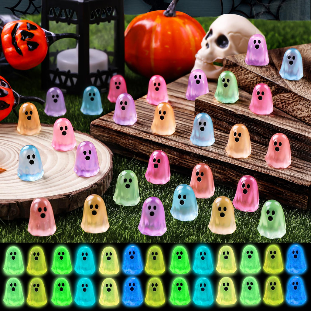 DULEFUN 100pcs Halloween Mini Ghosts Figures, Luminous Small Little Resin Ghost Figurines to Hide Glow in The Dark Tiny Statue for Halloween Party Favors Dollhouse Decorations Toys