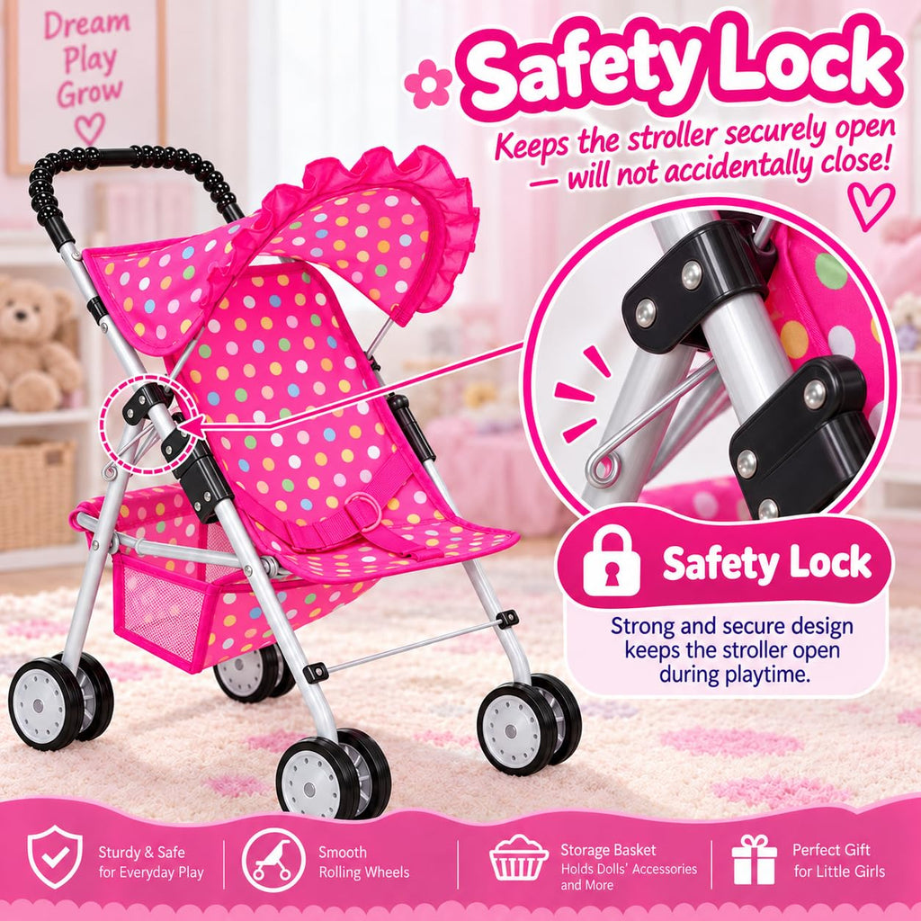 My First Baby Doll Stroller for Kids – Foldable Toy Stroller for 18 Inch Dolls with Storage Basket, Double Wheels & Canopy – Pretend Play Toy Stroller