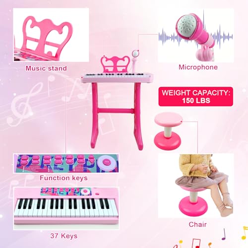 Love&Mini Kids Piano Keyboard Toys for Girls | 37-Key Kids Piano Keyboard with Stool, Stand & Microphone, Pink Piano Toys for Girls Ages 3+