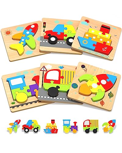 Wooden Puzzles Gifts Montessori Toys for 1 2 3 Years Old Boys Girls | 6 Vehicle Shape Puzzles, Boy Birthday Gift, Montessori Toys Educational Blocks for 1-3, 2-4, Learning Toys