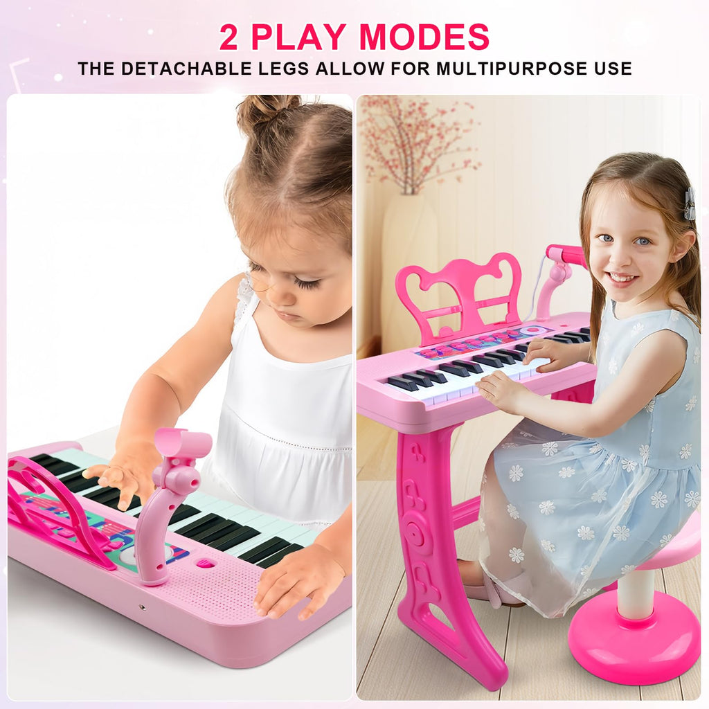 Love&Mini Kids Piano Keyboard Toys for Girls | 37-Key Kids Piano Keyboard with Stool, Stand & Microphone, Pink Piano Toys for Girls Ages 3+