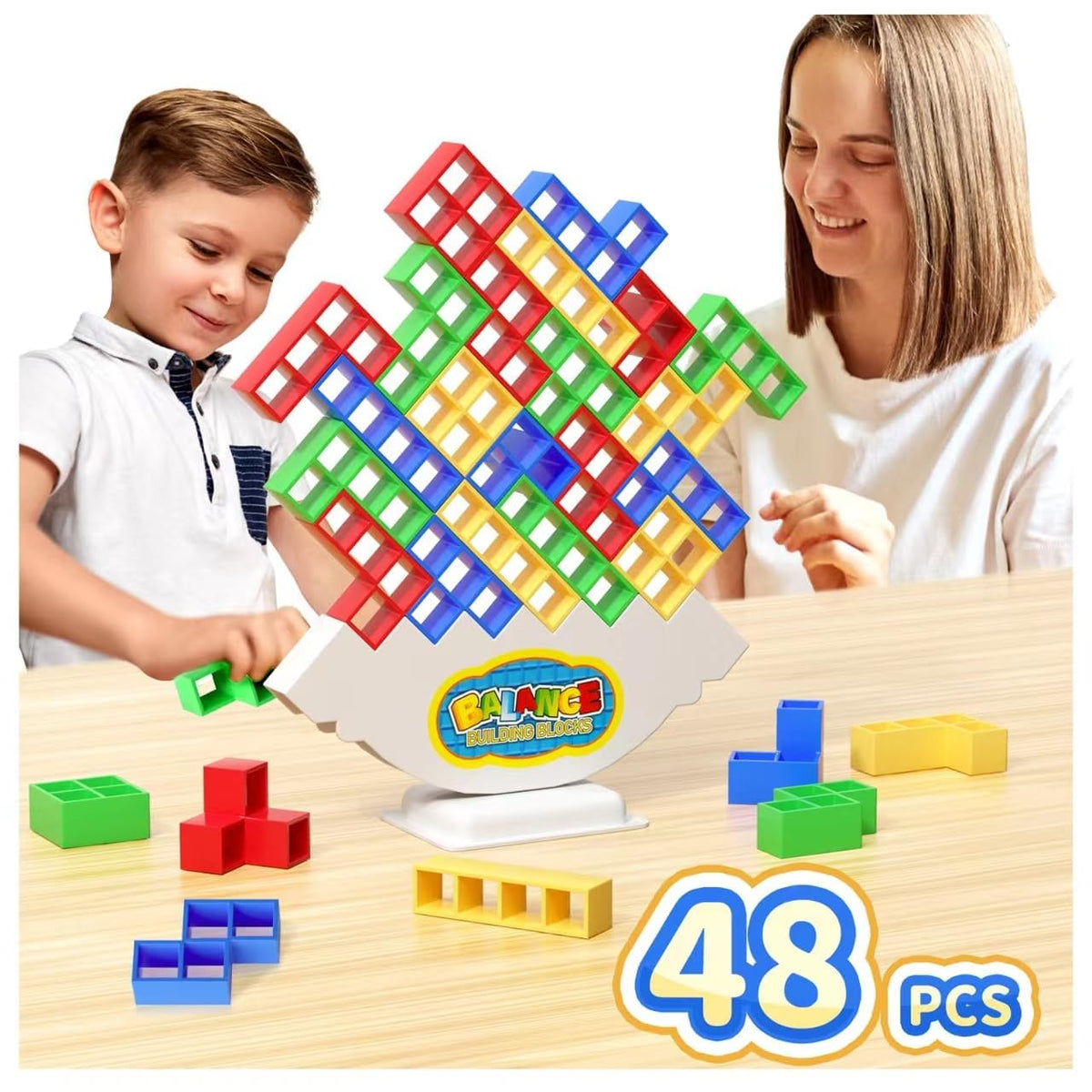 Ziogogco 48Pcs Balance Stacking Blocks Game, Gift for Kids Ages 3-14 | Gets kids thinking. Includes 22 cards and a travel storage bag. Great for birthdays, Christmas, and stocking stuffers