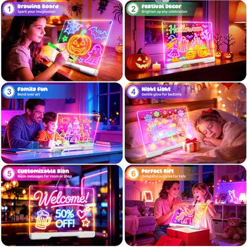 Geokay 16" Rechargeable LED Drawing Board with 9-Color Light Effects | Birthday & Christmas Gift Idea for Girls/Boys/Kids/Teens, Doodle Neon Glow Pad with Built-in Stand Tracing Book & 7 Markers