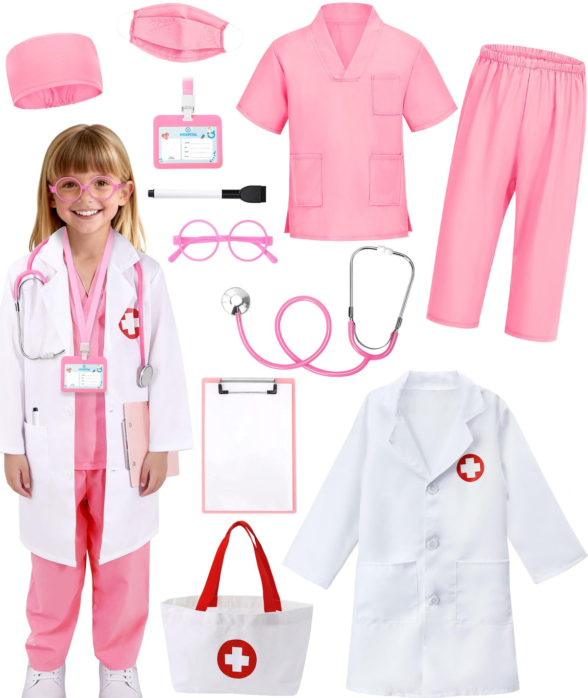 Boutrele 12 PCS Doctor Costume for Kids,Scrubs Nurse Costume for Girls Boys | Kids Doctor Costume,Scrubs with Lab Coat,Career Day Costumes for Kids,Halloween Costume,Educational Pretend Play Doctor Kits