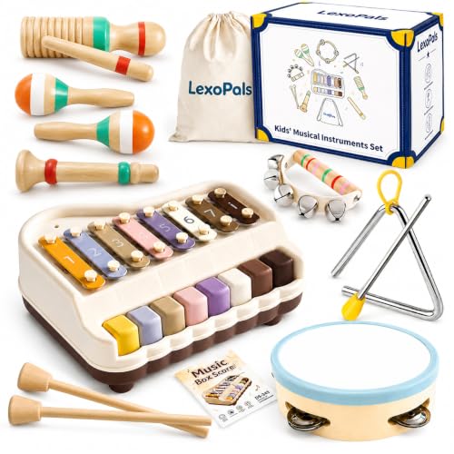 LexoPals Kids'Musical Instruments Set, Montessori Toys for Toddlers | 2-in-1 Piano Xylophone & Wooden Toys Set, Neutral Preschool Educational Percussion Instruments, Birthday Gifts for Kids