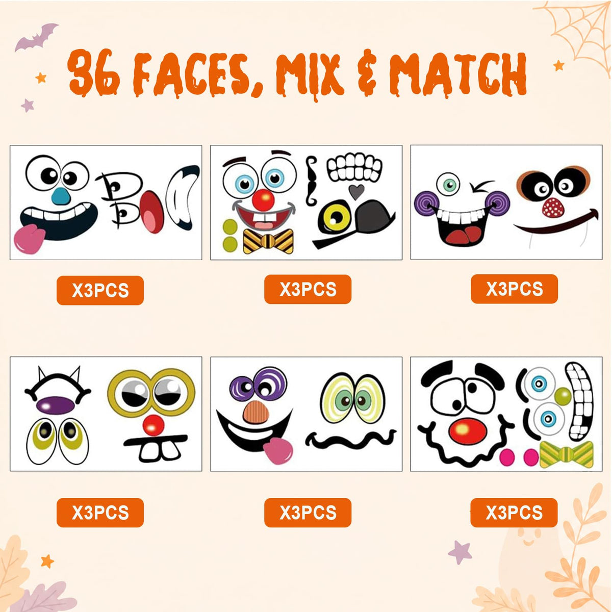 Halloween Mini Pumpkin Decorating Stickers for Kids Toddlers Party Favors | 18 sheets, 36 pack, small, pumpkin face stickers, treat gifts