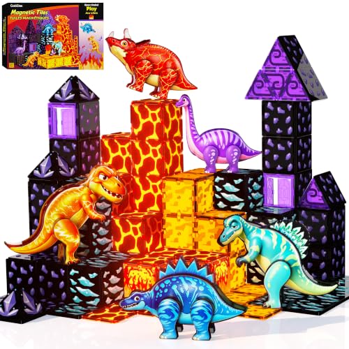 Dinosaur Toys Magnetic Tiles, 5 Movable Lava Dinosaur Toys for Kids 3-5 5-7 | 3 4 5 Year Old Boy Birthday Gift for Dinosaurs Lovers, STEM Educational Magnetic Blocks for Girls Boys Toy Age 4-6 6-8