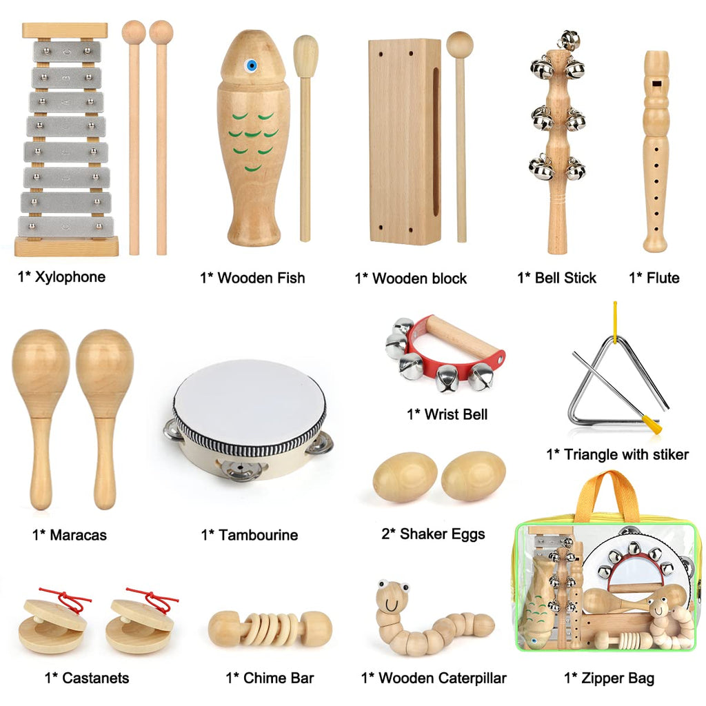 Kids Musical Instruments,100% Natural Wooden Music Percussion Toy Sets, 23 Pcs Tambourine Xylophone Toys for Kids, Girls Boys Preschool Education Early Learning Musical Toys with Bags