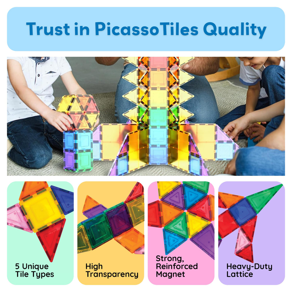 PicassoTiles 100 Piece Magnetic Tiles, Clear 3D Building Blocks for Kids 3+ | No-limit scalable builds, hands-on magnet polarity fun, family group play, quick assemble & store, shape & color recognition