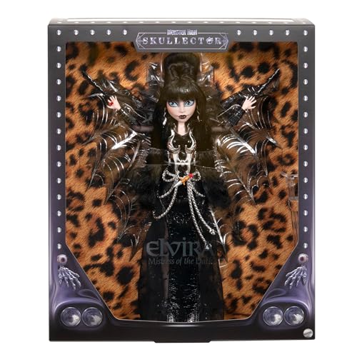 Monster High Skullector Elvira, Mistress of the Dark Doll | Elvira Collectible in Black Faux Leather Dress with Silvery Batwing Cape and Premium Accessories, Doll Stand