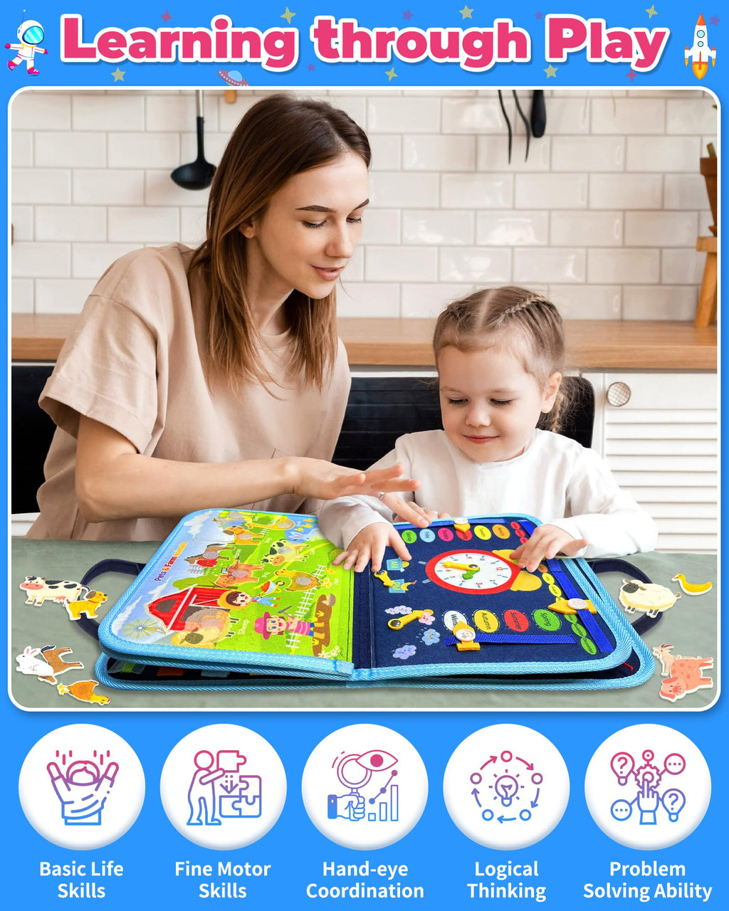 Gojmzo Busy Board Montessori Toys for Toddler Boy Girl Gifts Busy Book | Sensory Toys, Airplane Car Travel Toy, Learning Educational Toys, Activity Book, Toddler Activities, Fine Motor Skills