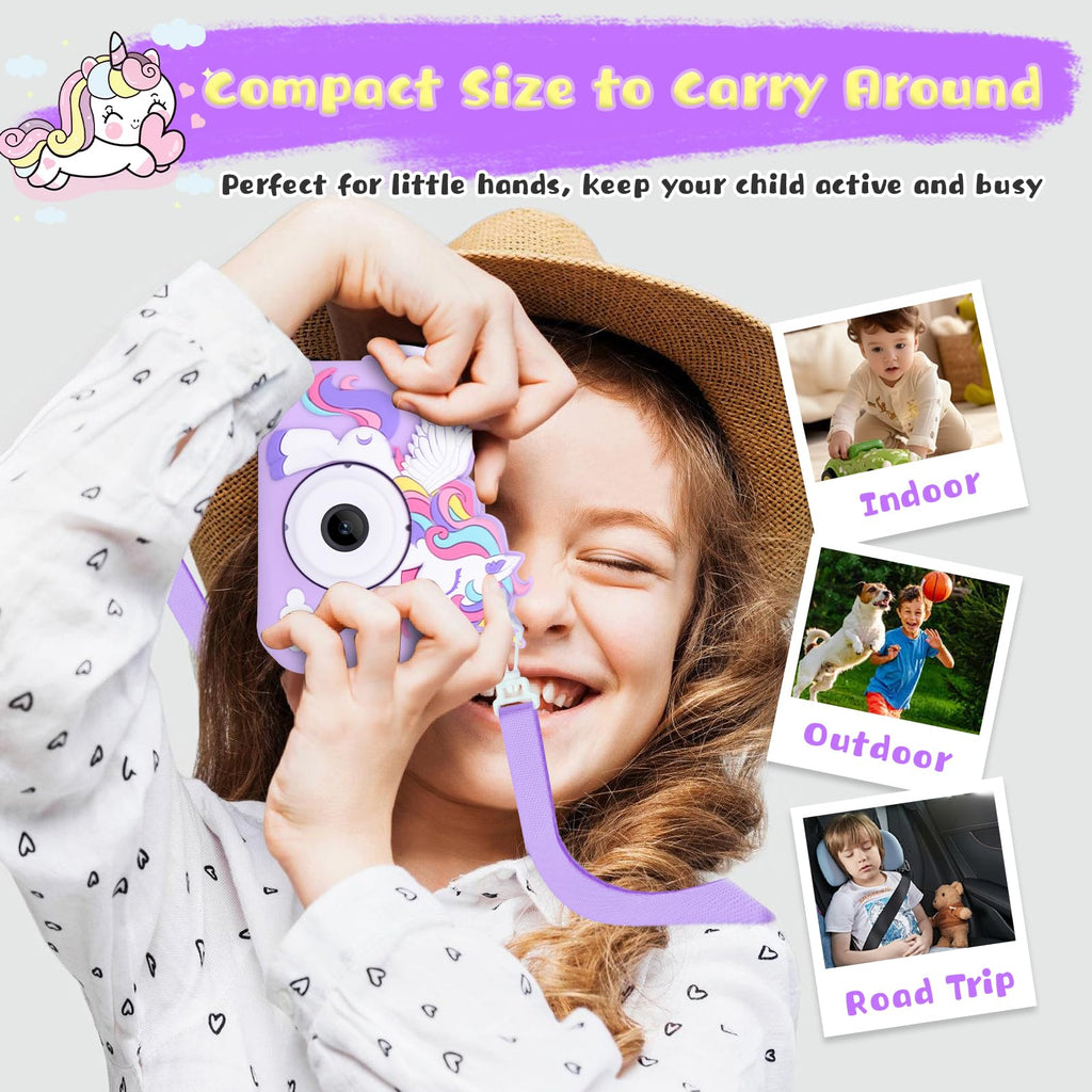 Unicorn Toys Camera for Kids Girls Age 3-8, Purple | Toddler Kids Digital Camera, Christmas Birthday Gifts for 3-8 Years Old Girl, 1080P HD Selfie Video Camera with 32GB SD Card
