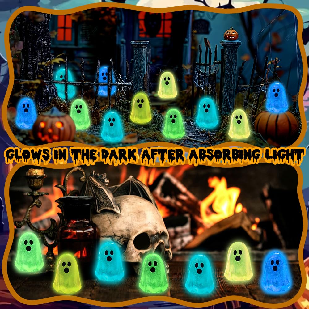 DULEFUN 100pcs Halloween Mini Ghosts Figures, Luminous Small Little Resin Ghost Figurines to Hide Glow in The Dark Tiny Statue for Halloween Party Favors Dollhouse Decorations Toys