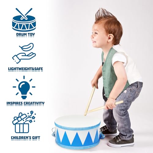 Kids Drum Set,8" Wooden Drum Toys with Adjustable Strap and 2 Drumsticks,Sensory Musical Instrument for Toddler Boys & Girls,Party Gift(Blue)