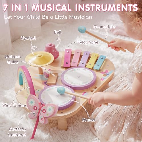 Lehoo Castle Toddler Drum Set Wooden, Unicorn Montessori Toys for Girls | Baby Drum Set Music Toys with Xylophone, 7 in 1 Toddler Musical Instruments, Educational Birthday Gift for 12-18 Months Girl
