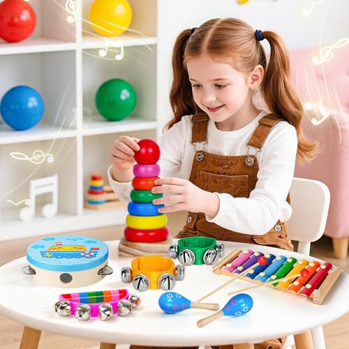 Childom Wooden Musical Instruments Set, Preschool Percussion Instrument Kit | Educational Music Learning Toy Set, Christmas Birthday Gift for Boys and Girls Ages 3 and Up, Includes Xylophone,Bells & Drum